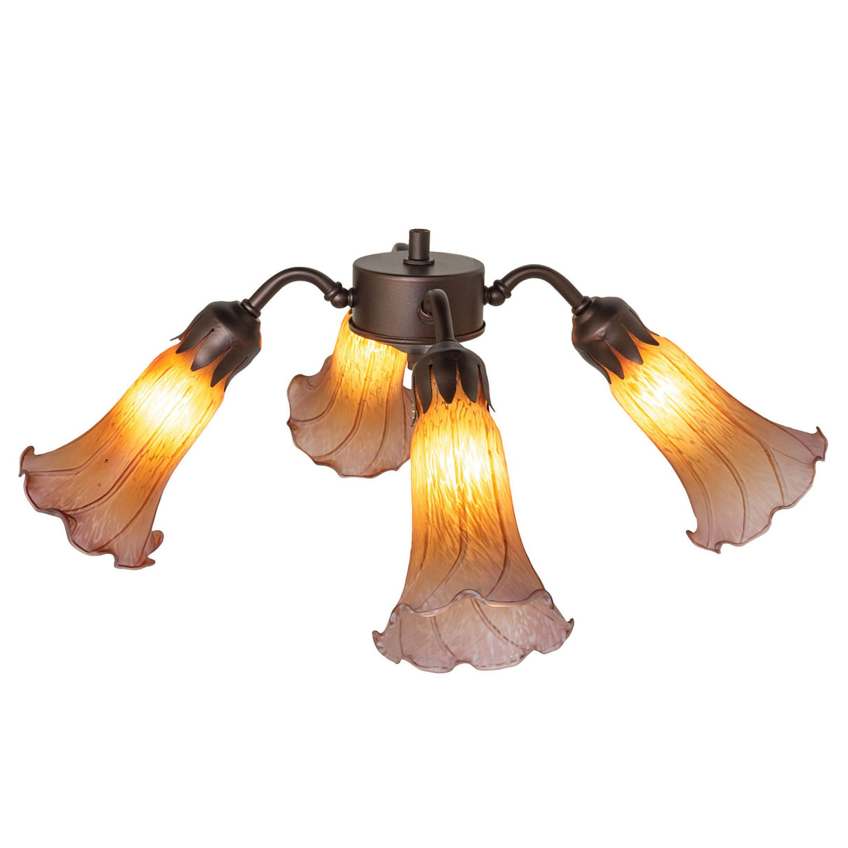 Side angle of the Tiffany Pond Lily fan light, highlighting its elegant floral-inspired glass shades.