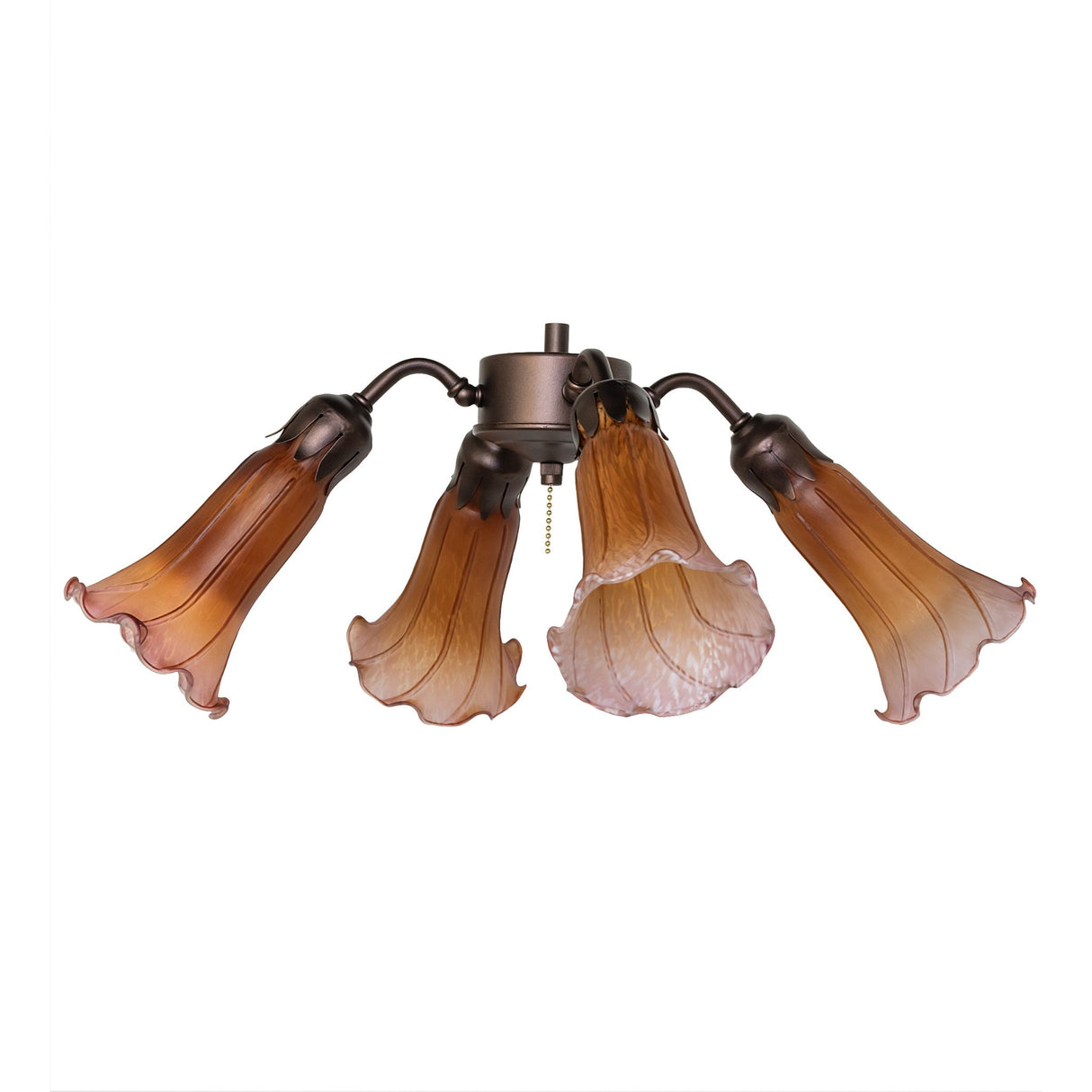 Unlit view of the Tiffany Pond Lily fan light, showcasing the delicate amber and purple glass detailing.