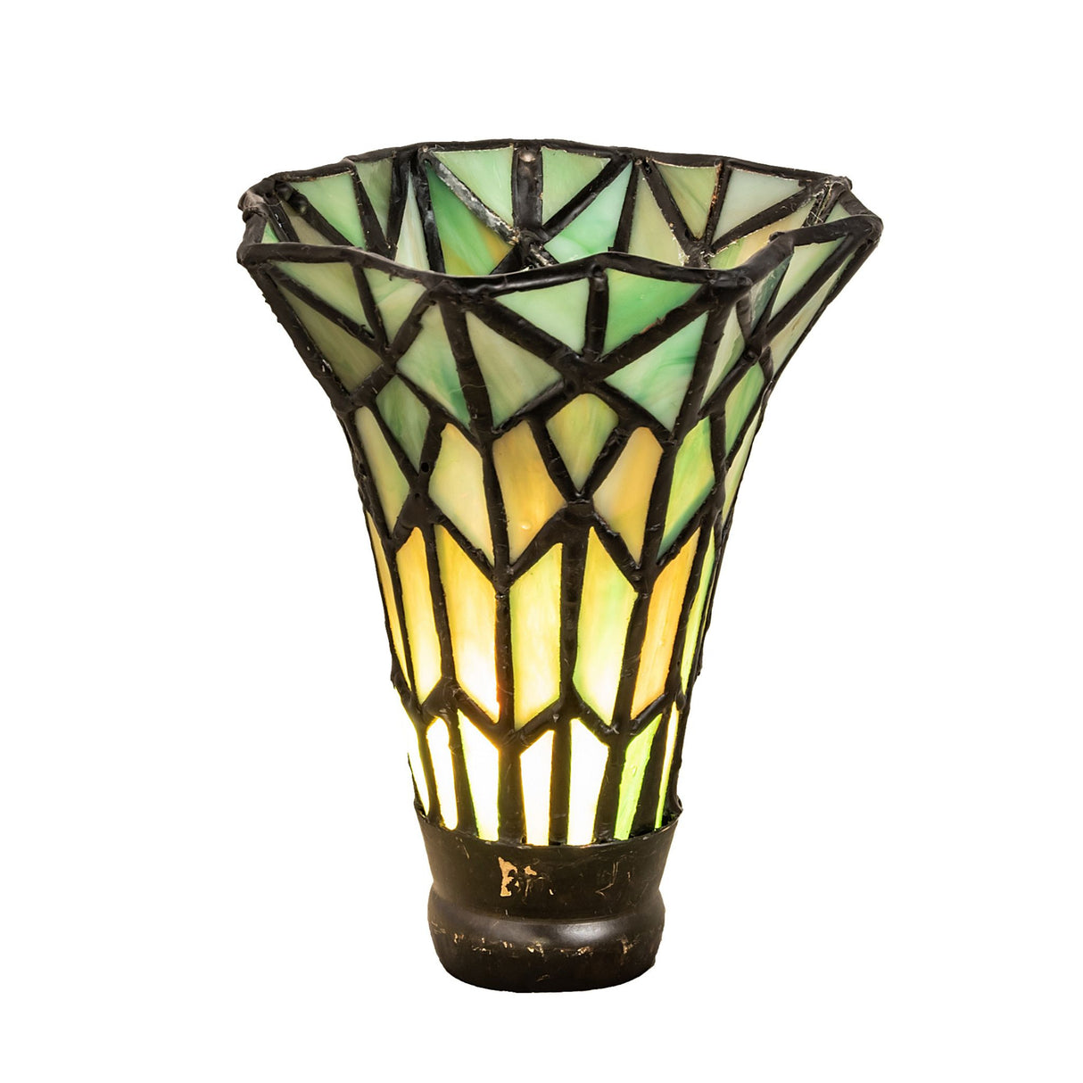 Illuminated Tiffany Pond Lily shade showcasing vibrant green and yellow tones.