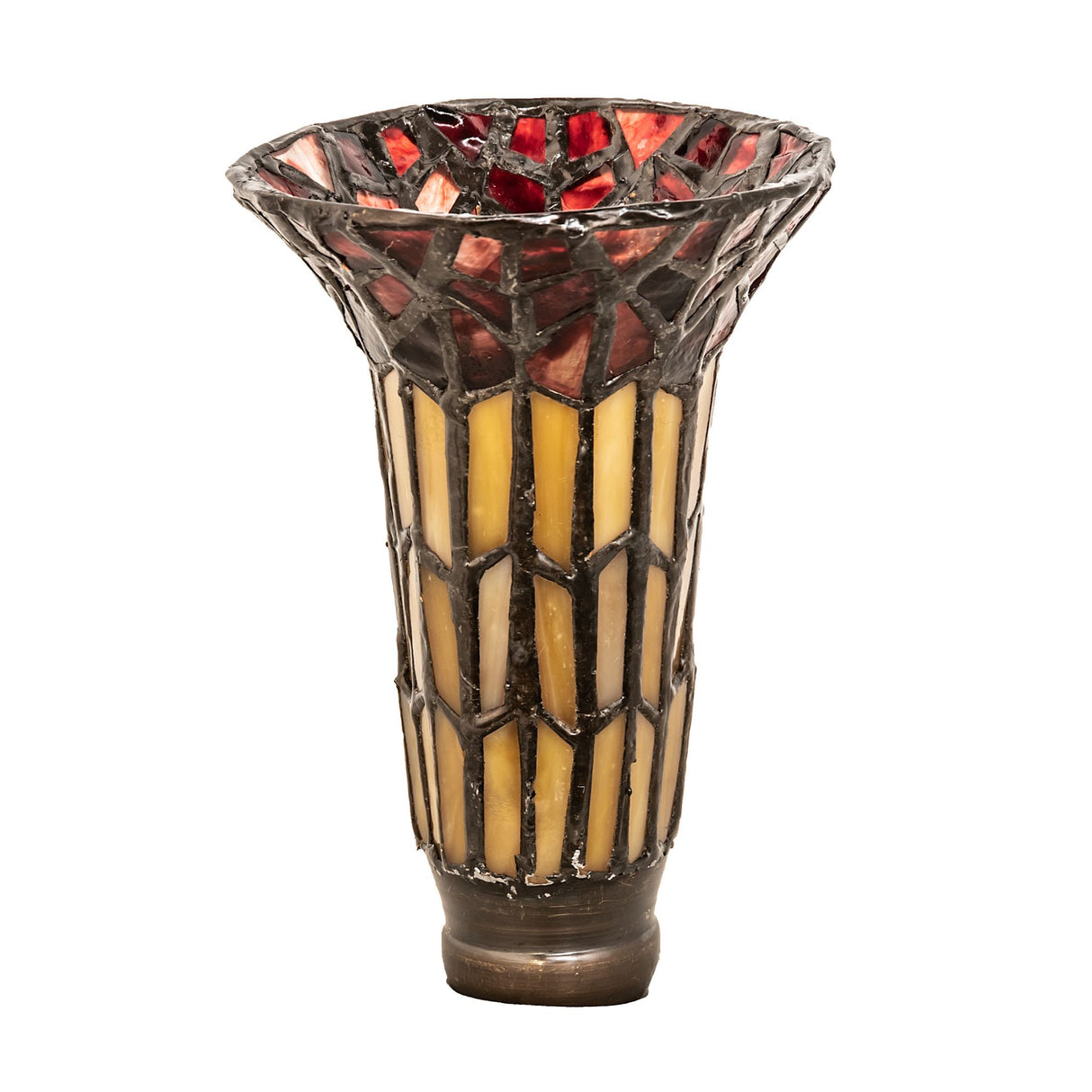 Side view of Tiffany Pond Lily Honey Wisp & Red Shade with intricate glasswork.