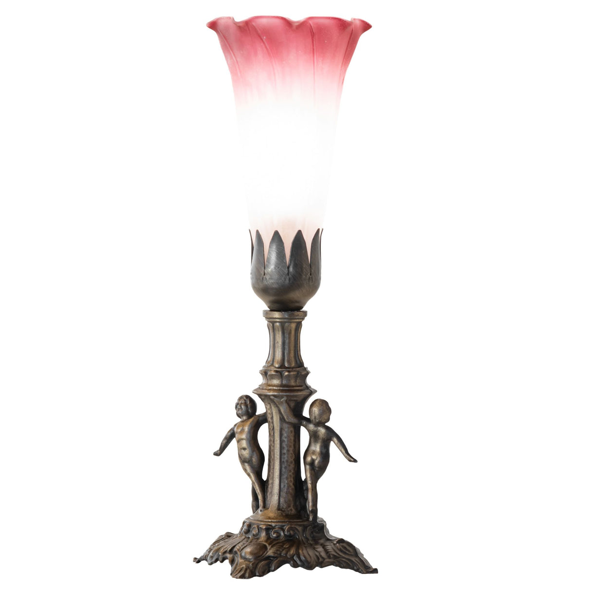 Lit view of Pond Lily Maidens Mini Lamp featuring a Pink and White Favrile-styled glass shade.