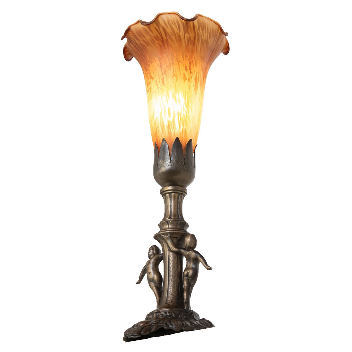 Angled view of the Tiffany Pond Lily Maidens Mini Lamp with amber art glass shade.