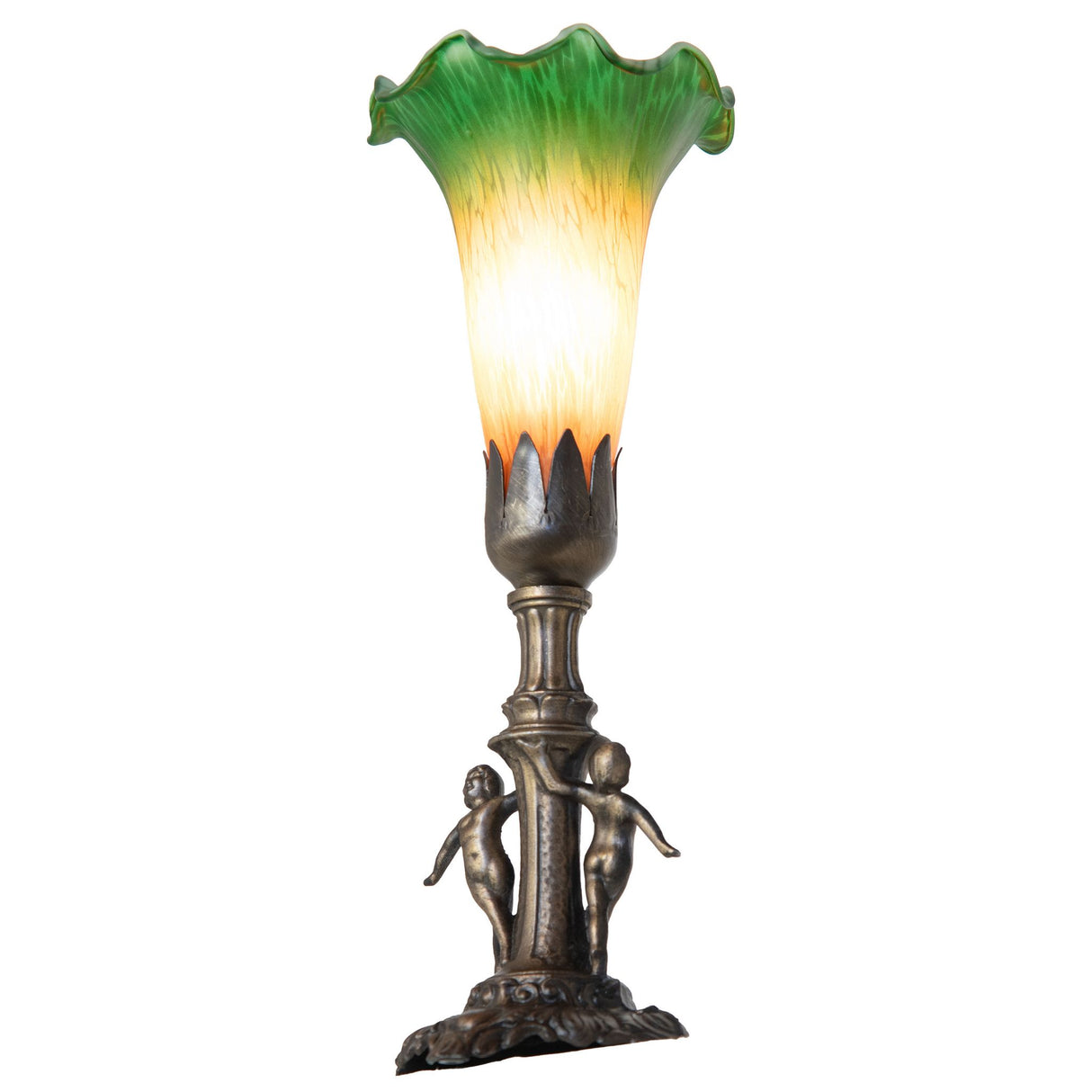 Angled view of Pond Lily Maidens Mini Lamp, emphasizing the delicate amber-to-green glass transition.