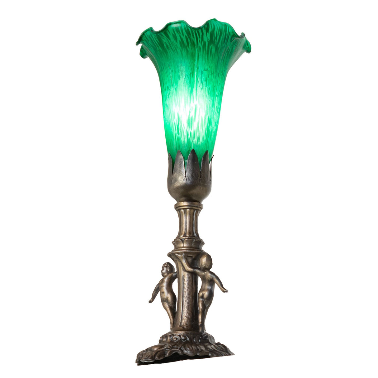 Angled view of the Tiffany Pond Lily Maidens Mini Lamp highlighting the sculpted figurine base.