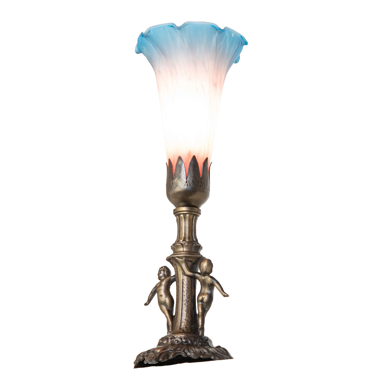 Angled view of Tiffany pond lily mini lamp with cherub base.