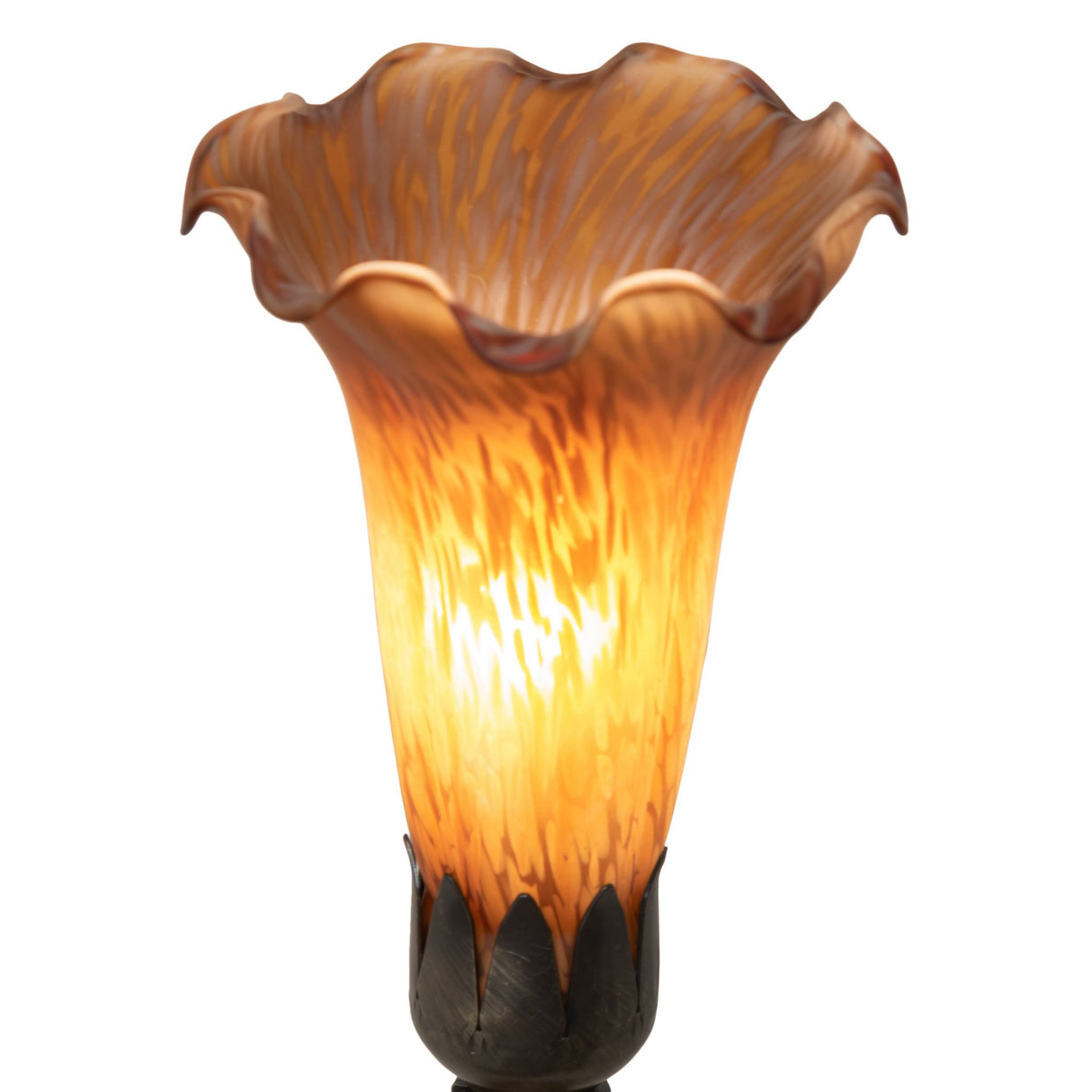 Close-up of the amber art glass shade on the Tiffany Pond Lily Maidens Mini Lamp.