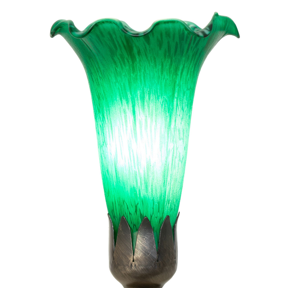 Close-up of the Tiffany Pond Lily Maidens Mini Lamp highlighting the green flared glass shade.
