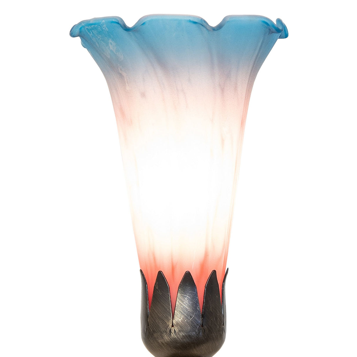 Close-up of pink-blue glass lily shade on vintage lamp.