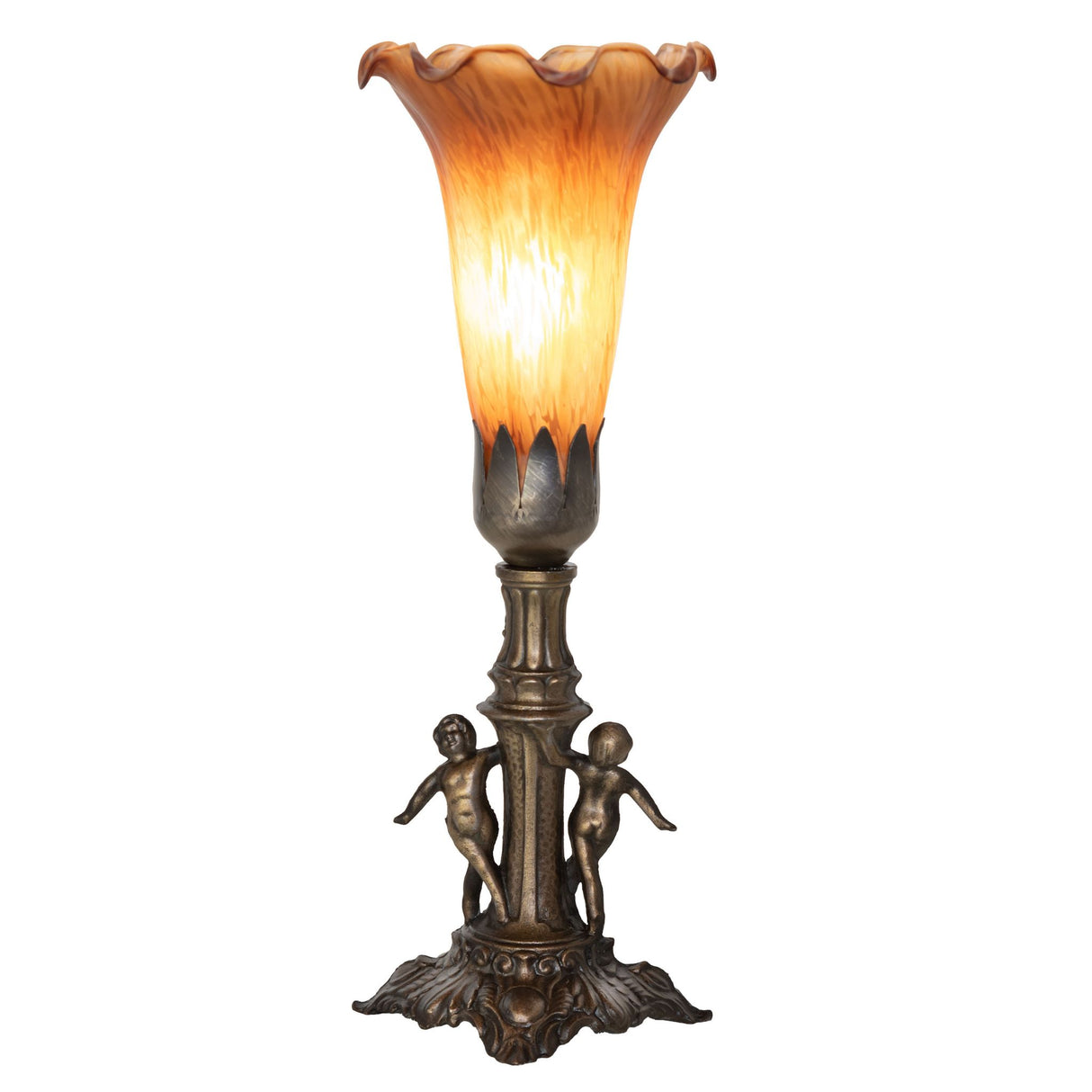 Front view of Pond Lily Maidens Mini Lamp featuring an antique brass base with twin maidens.