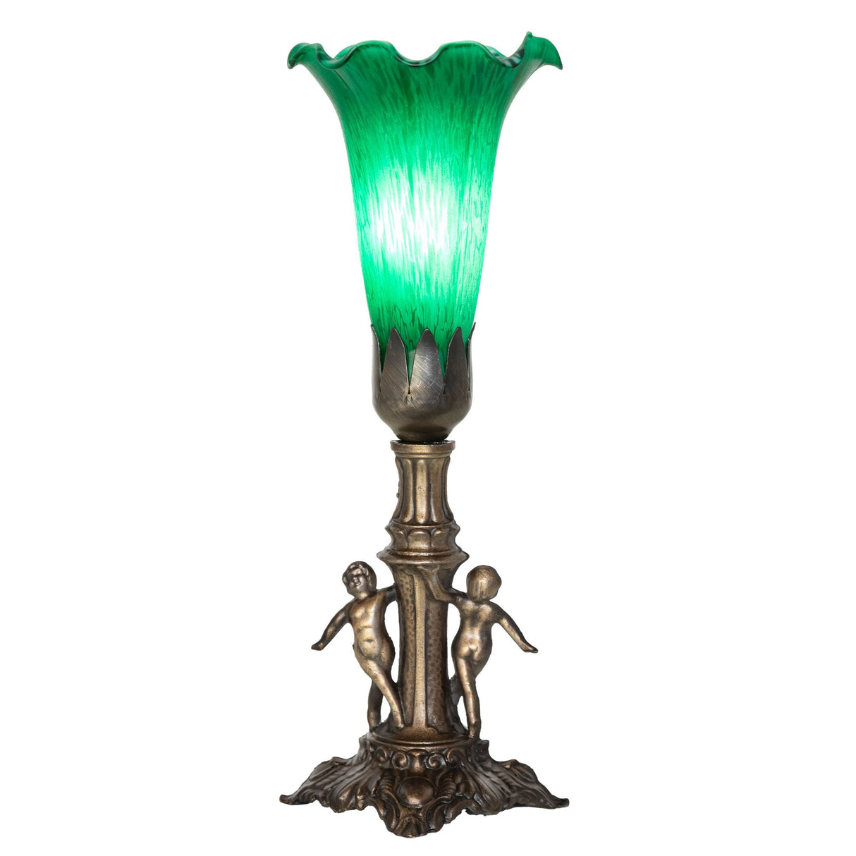 Front-facing view of the Tiffany Pond Lily Maidens Mini Lamp with intricate maiden figurines.