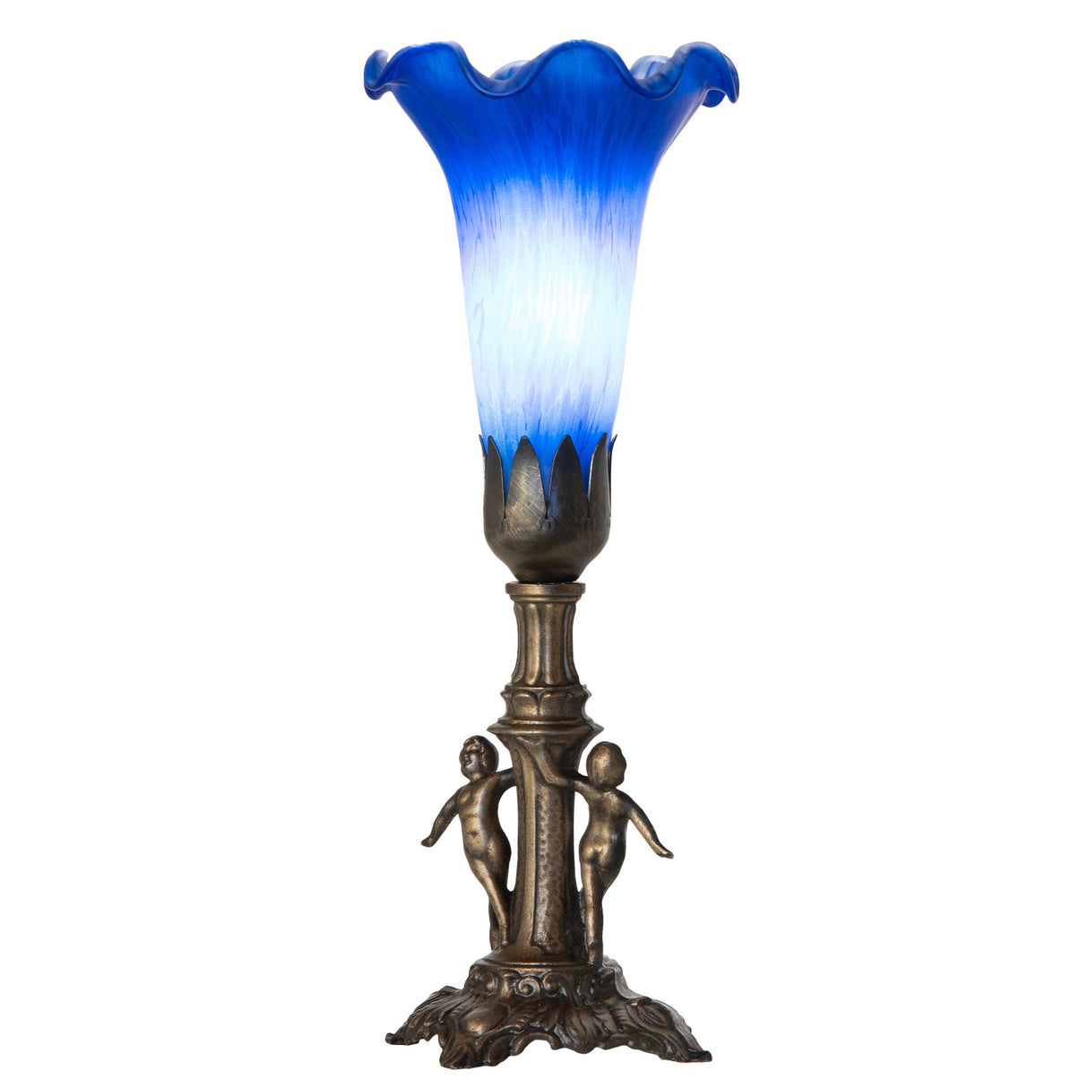 Illuminated view of Maidens Mini Lamp featuring a blue Favrile-styled art glass shade and an antique brass base.