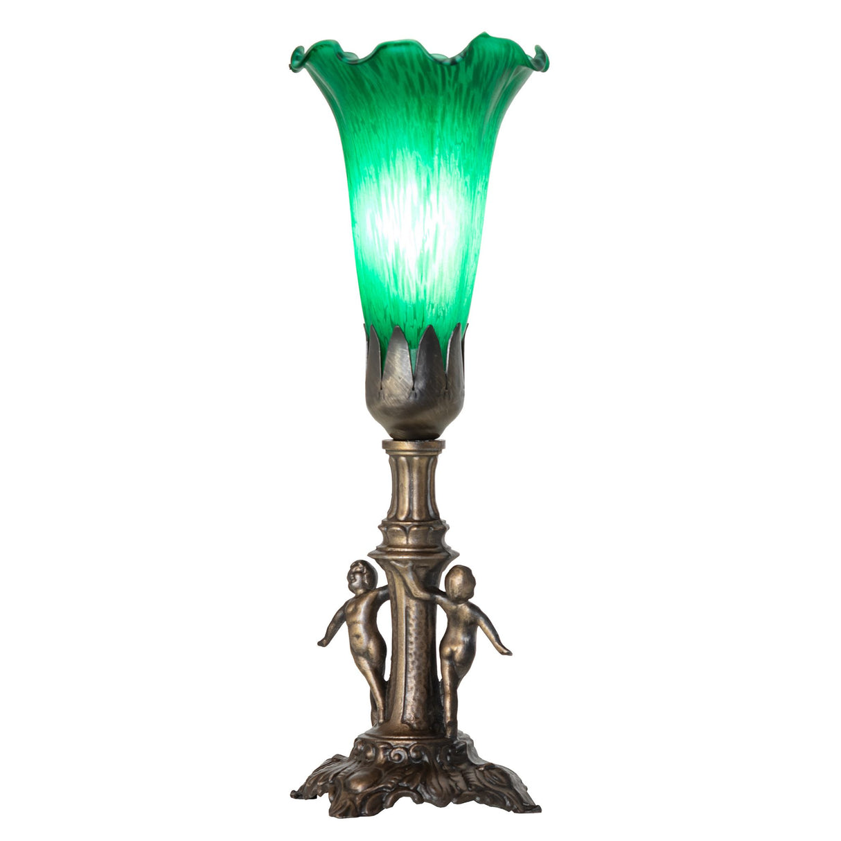 Illuminated Tiffany Pond Lily Maidens Mini Lamp with a vibrant green shade.