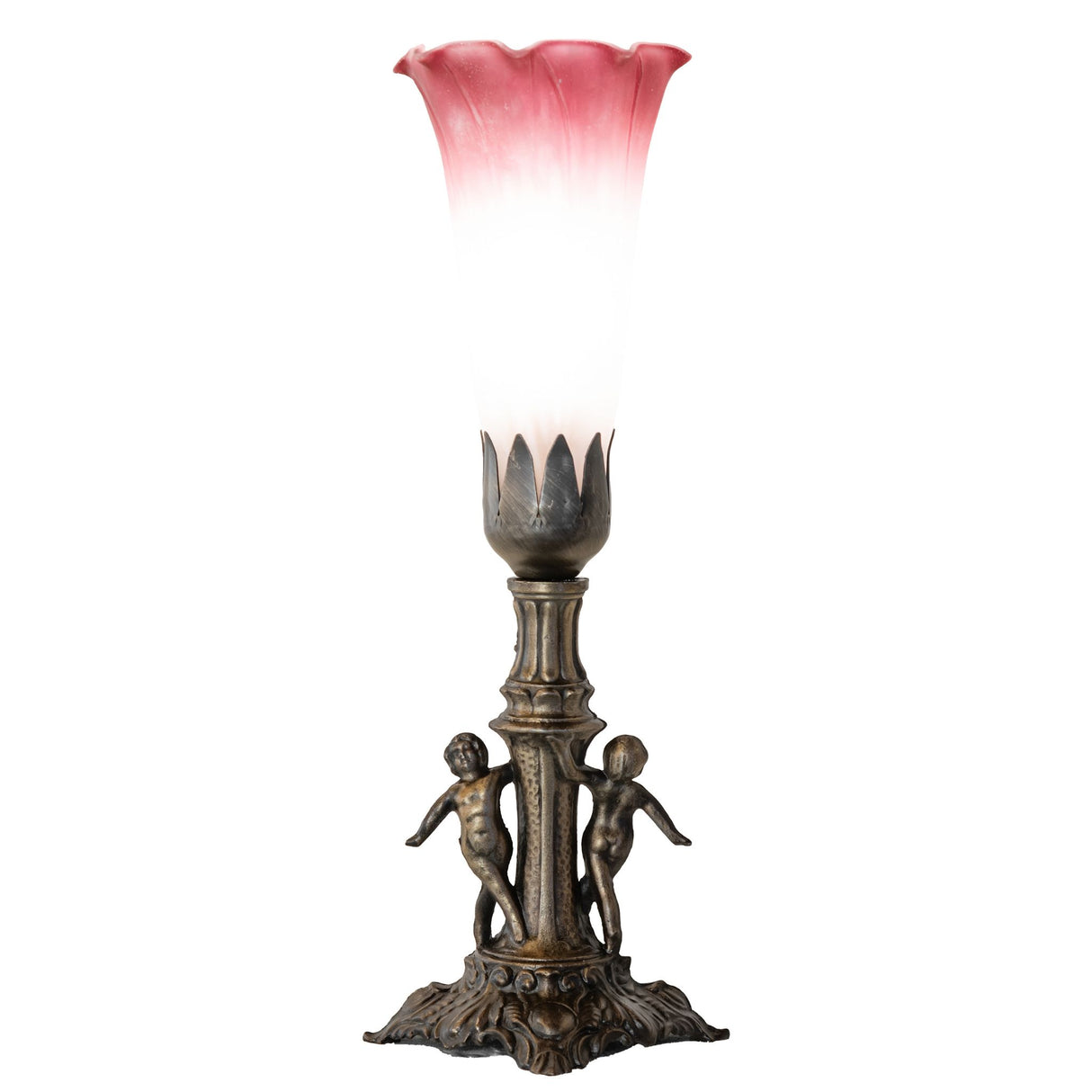 Side view of the Tiffany Pond Lily Maidens Mini Lamp highlighting the twin maidens figurine base.