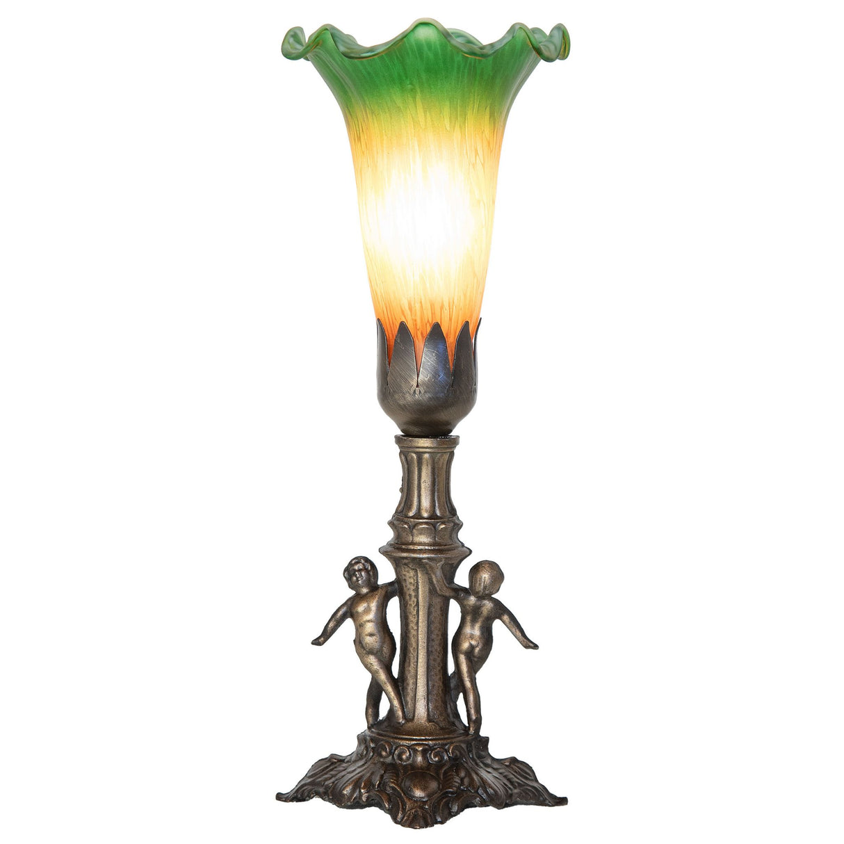 Side view of Mini Lamp, showcasing its hand-finished antique brass base and artistic glass shade.