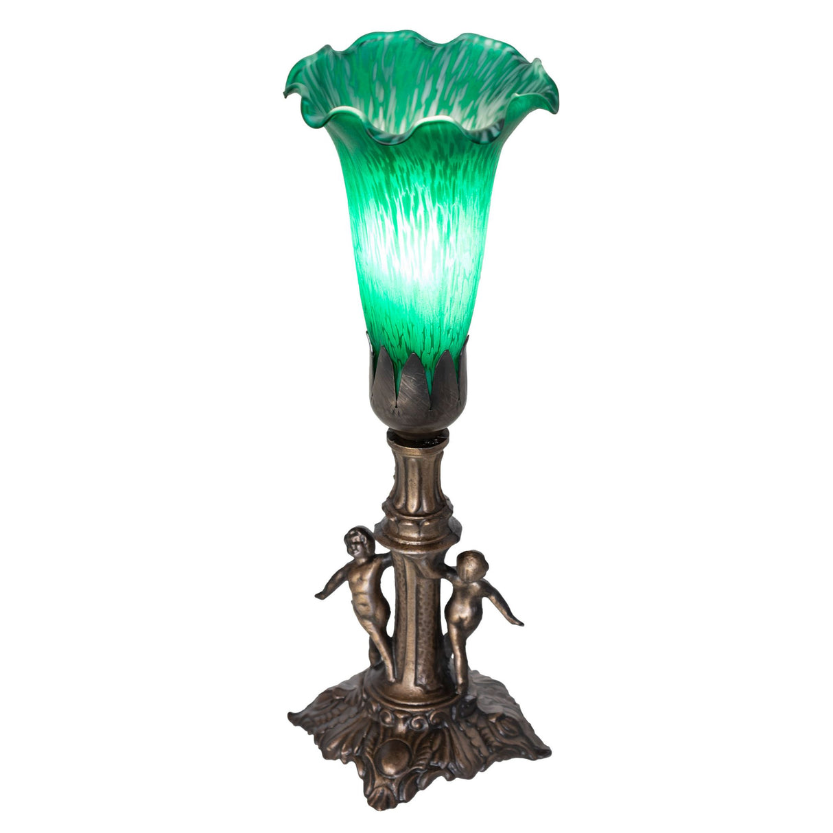 Side view of the Tiffany Pond Lily Maidens Mini Lamp showcasing the intricate design.