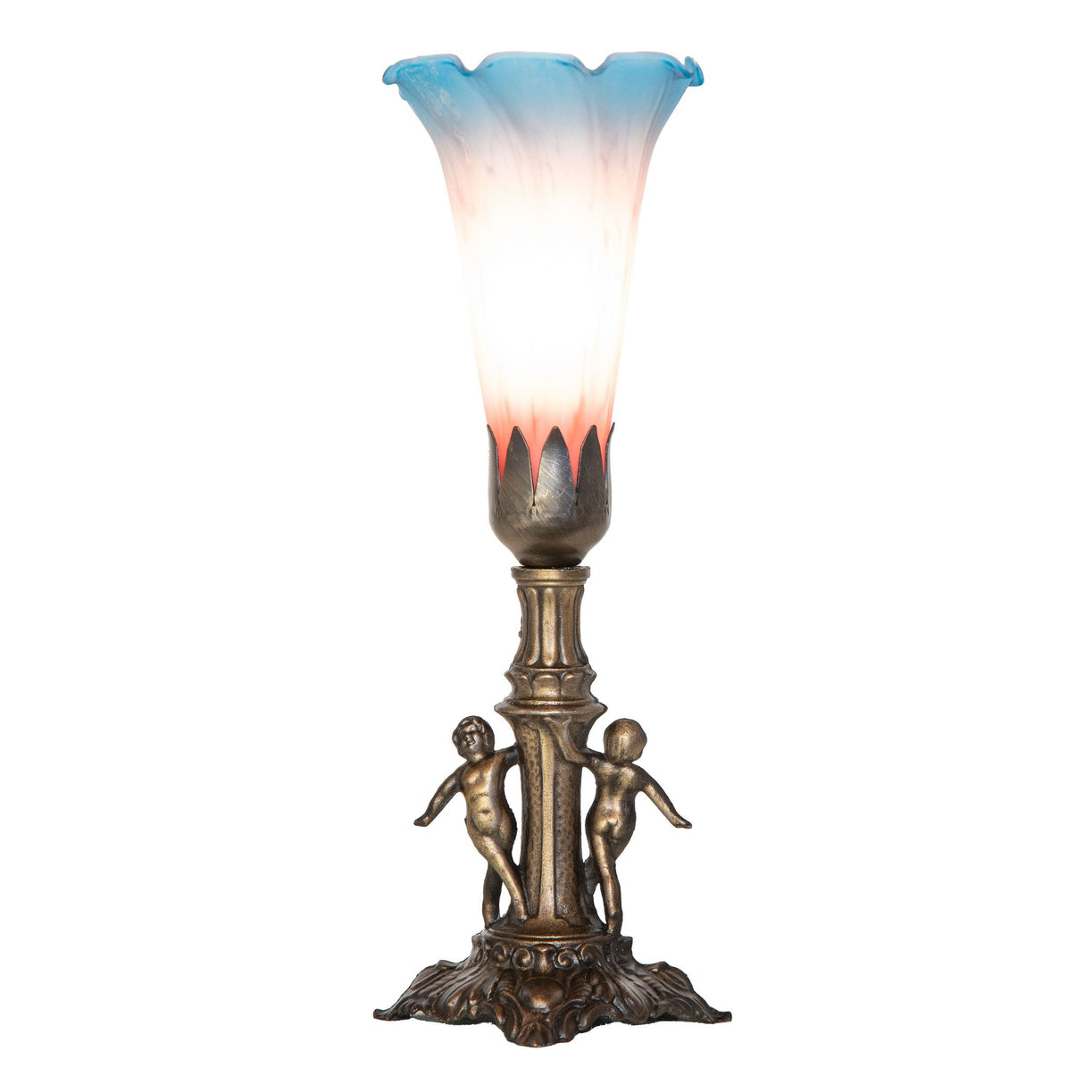 Side view of mini lamp with twin cherub figurine base.
