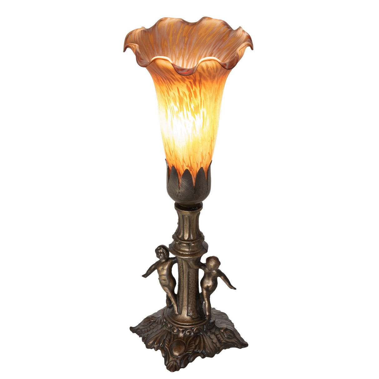 Top view of Pond Lily Maidens Mini Lamp showing the ruffled edges of the amber art glass shade.