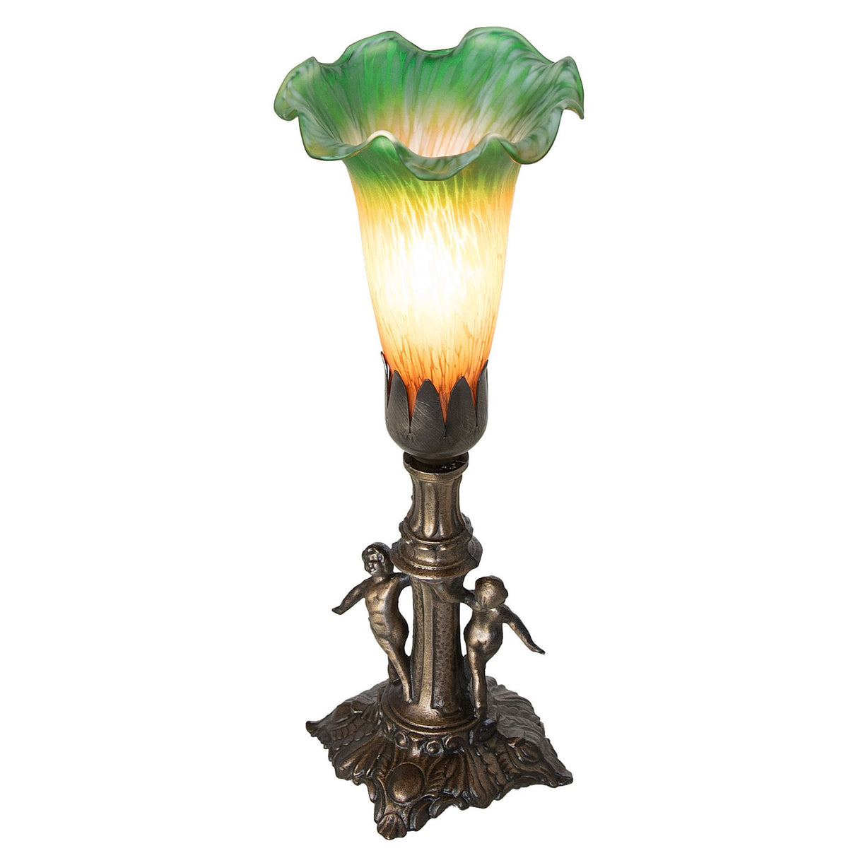 Top view of the Pond Lily Maidens Mini Lamp, highlighting the ruffled green edge of the glass shade.