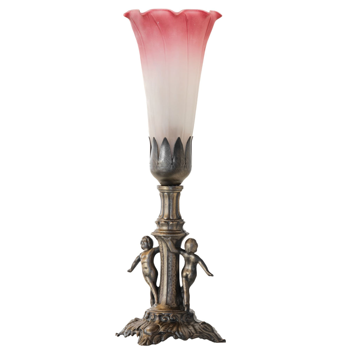 Unlit view of Pond Lily Mini Lamp, Pink and White Favrile-styled glass shade with an antique brass base.