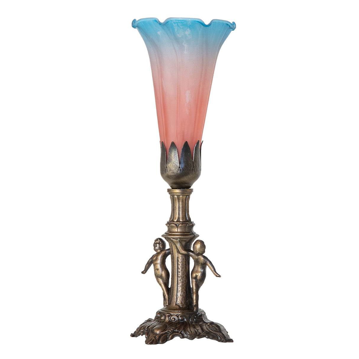 Tiffany-style mini lamp with pink and blue lily glass shade, unlit view.