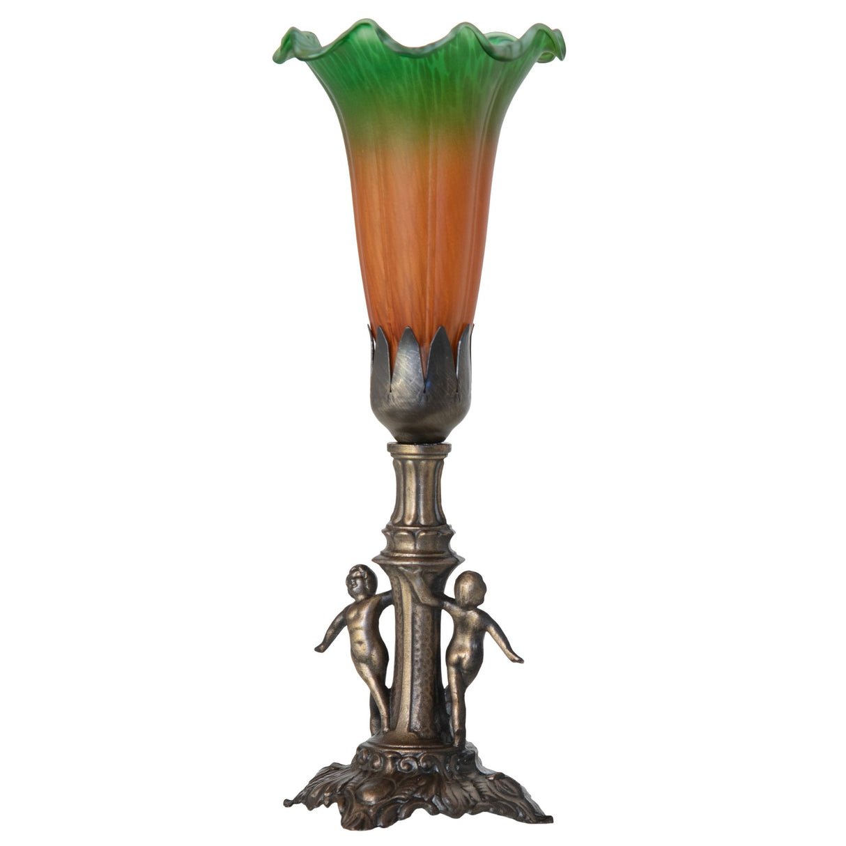 Unlit Pond Lily Maidens Mini Lamp with antique brass-finished twin maidens base and colorful glass shade.