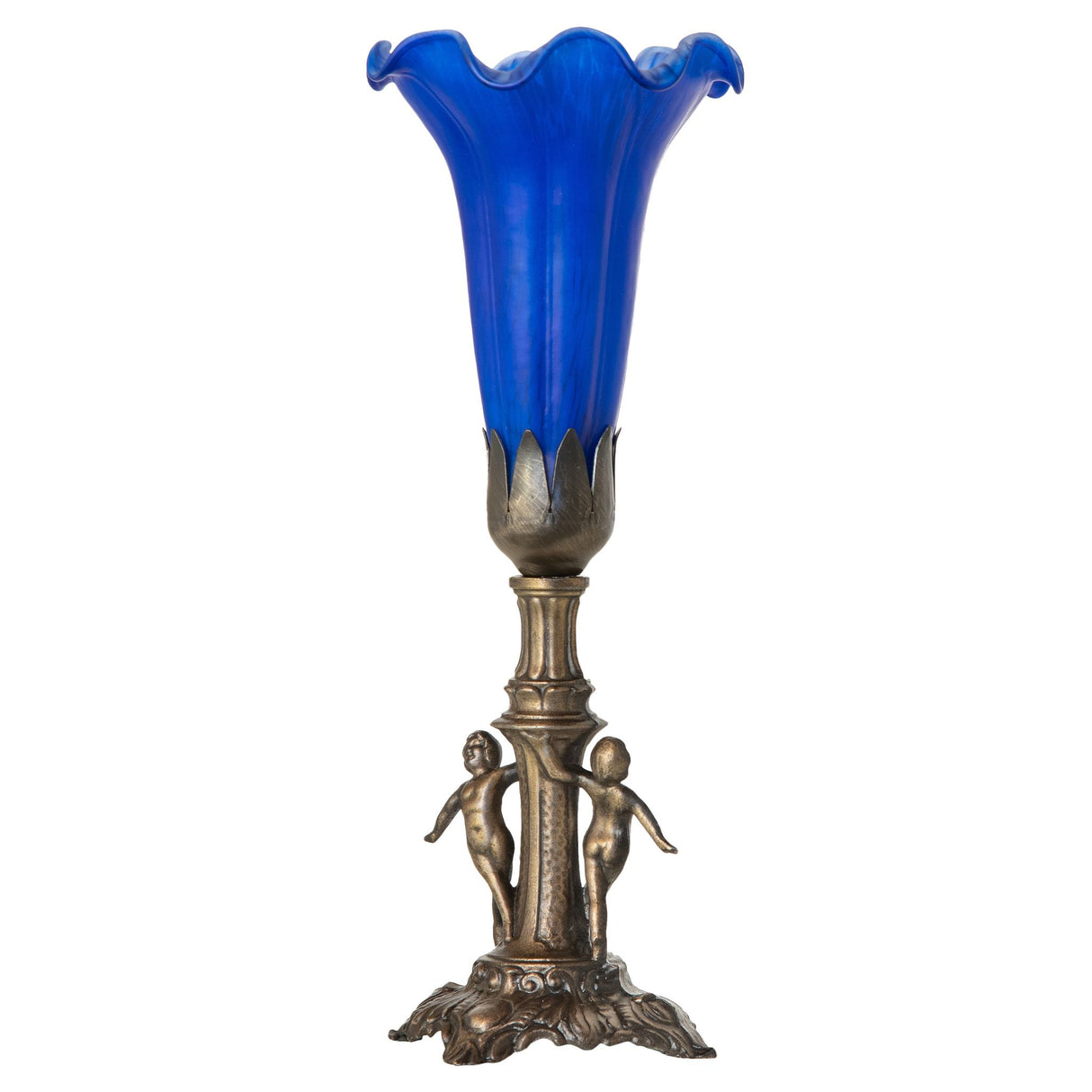 Unlit Tiffany showcasing its blue Favrile-styled glass shade and antique brass figurine base.