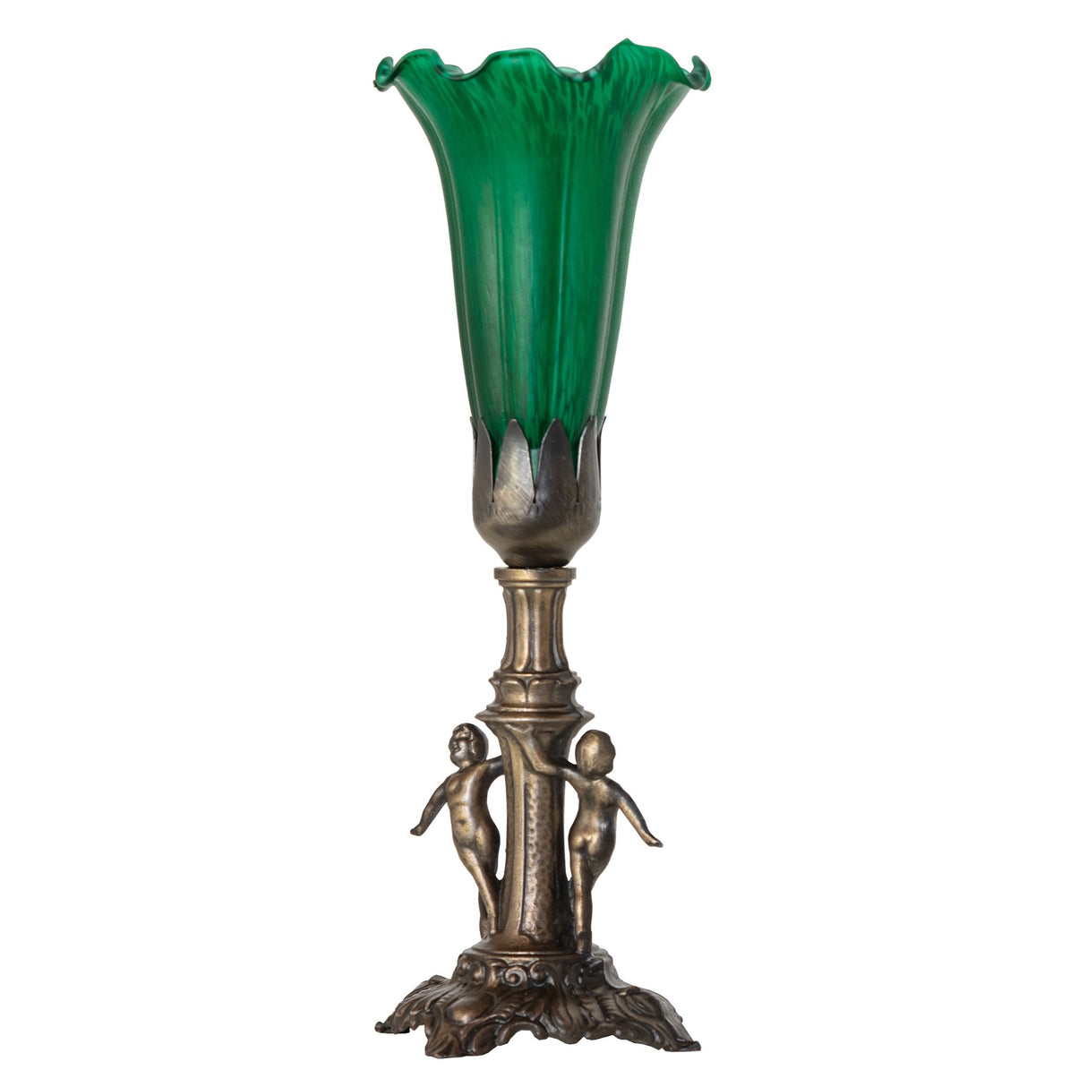Unlit Tiffany Pond Lily Maidens Mini Lamp featuring a detailed antique brass base.