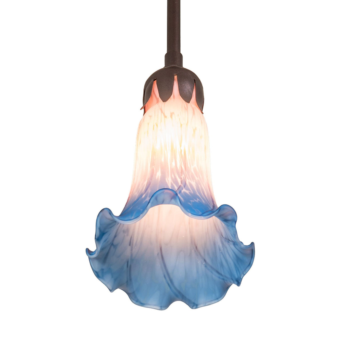 Angled view of the Pink and Blue Tiffany Pond Lily Mini Pendant displaying its elegant ruffled shade.