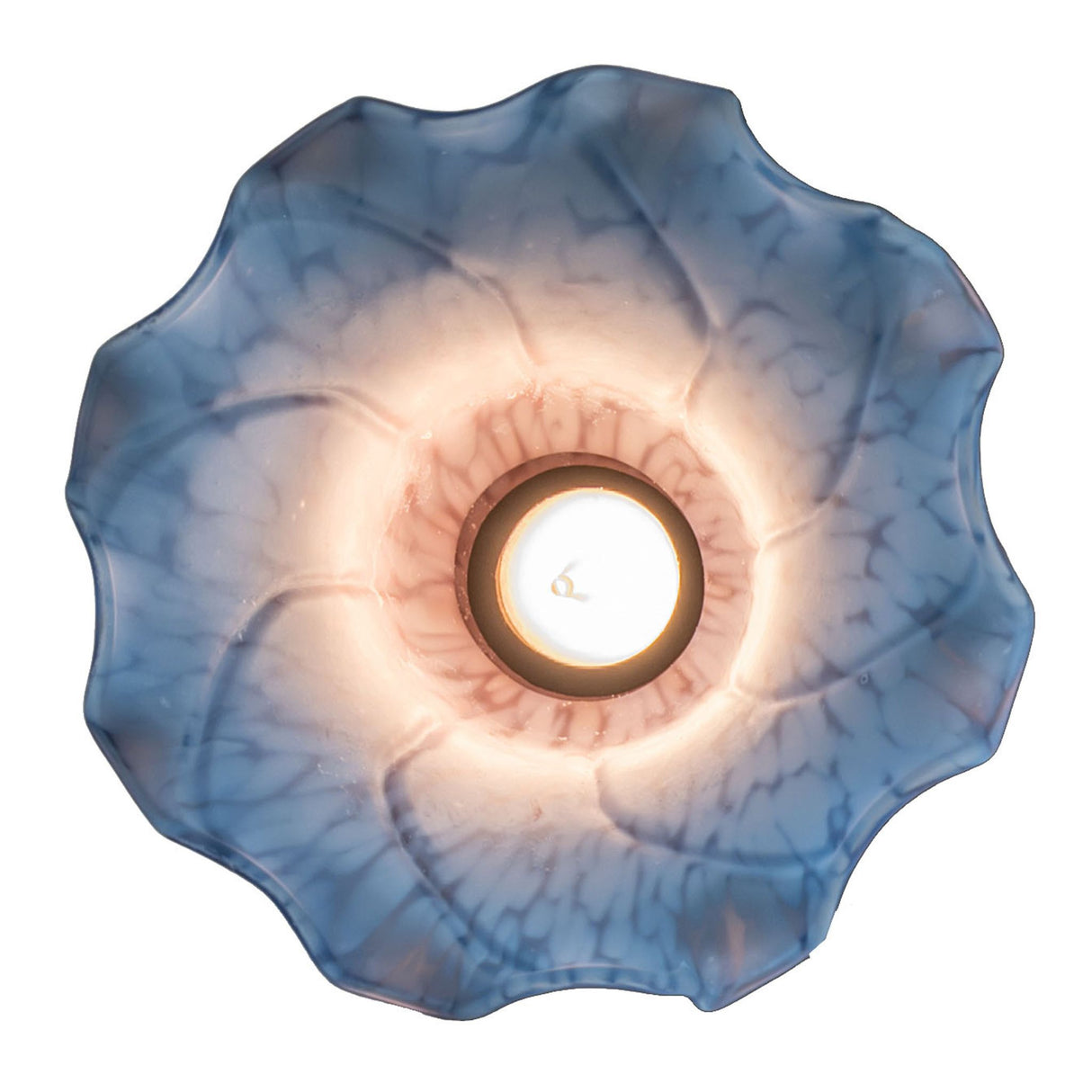 Bottom view of the Pink and Blue Tiffany Pond Lily Mini Pendant showcasing its fluted edge.