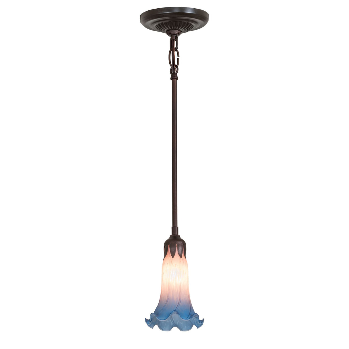 Lit view of the Pink and Blue Tiffany Pond Lily Mini Pendant showcasing its delicate art glass shade.