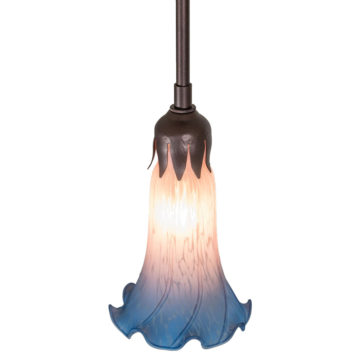 Top view of the Pink and Blue Tiffany Pond Lily Mini Pendant focusing on its ceiling mount.