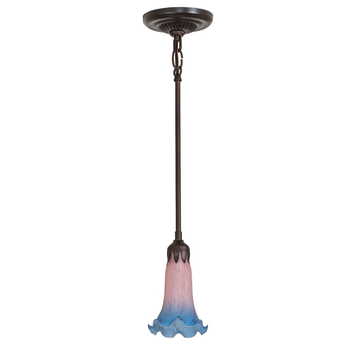 Unlit view of the Pink and Blue Tiffany Pond Lily Mini Pendant highlighting its soft pastel tones.