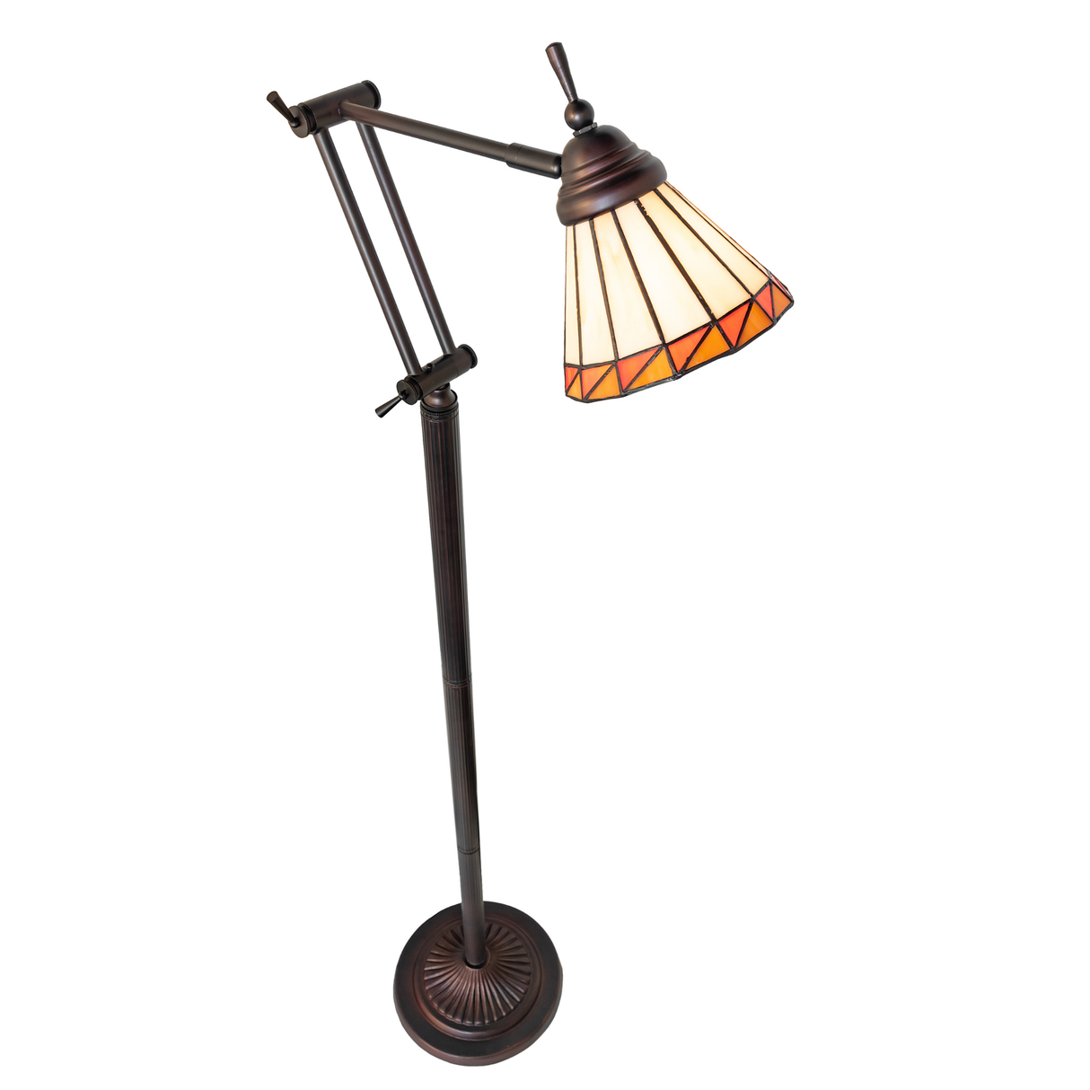 Angled view showing Tiffany-style stained glass shade and bronze arm.