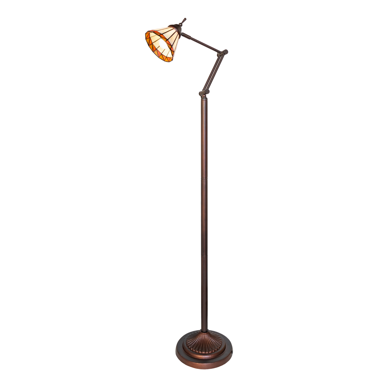 Tiffany-style Prairie Mission floor lamp with stained glass shade illuminated.