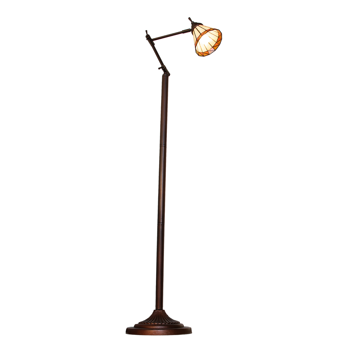 Low-angle view of Tiffany-style adjustable floor lamp lit.