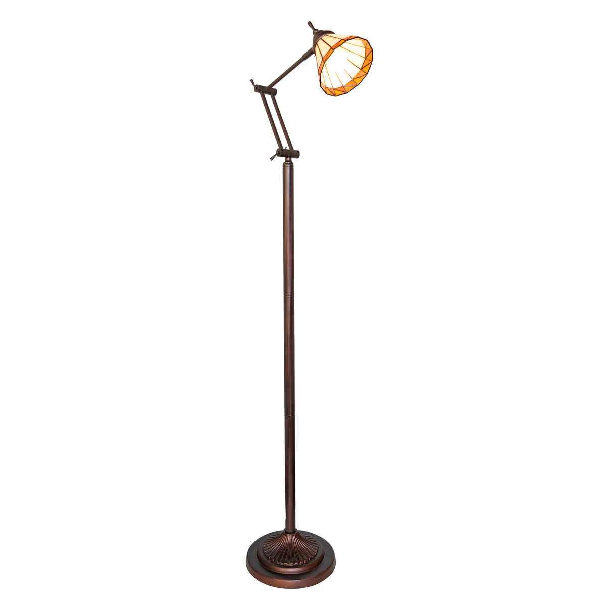 Side view of illuminated Tiffany Prairie Mission lamp.