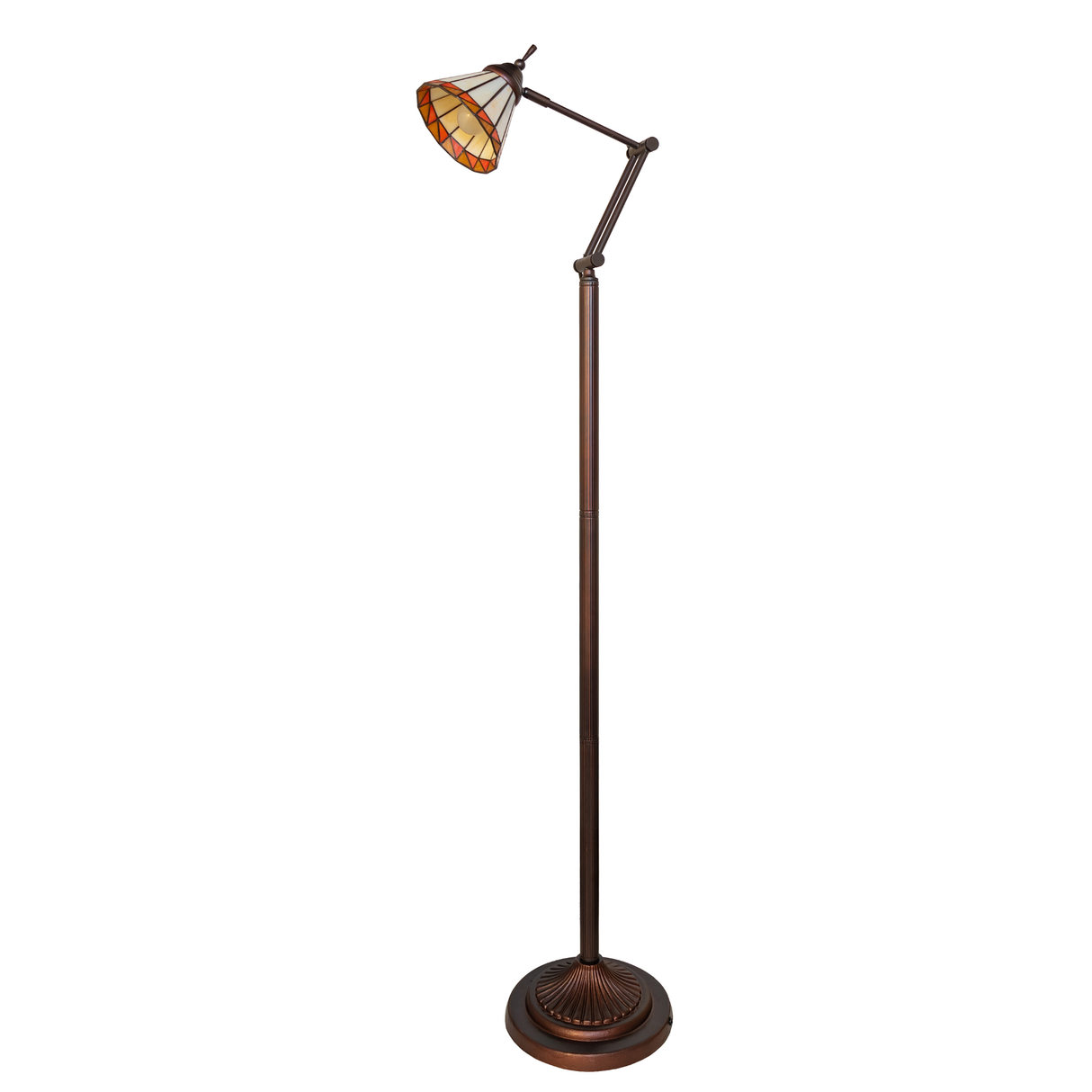 Side view of Tiffany-style adjustable floor lamp with bronze finish.
