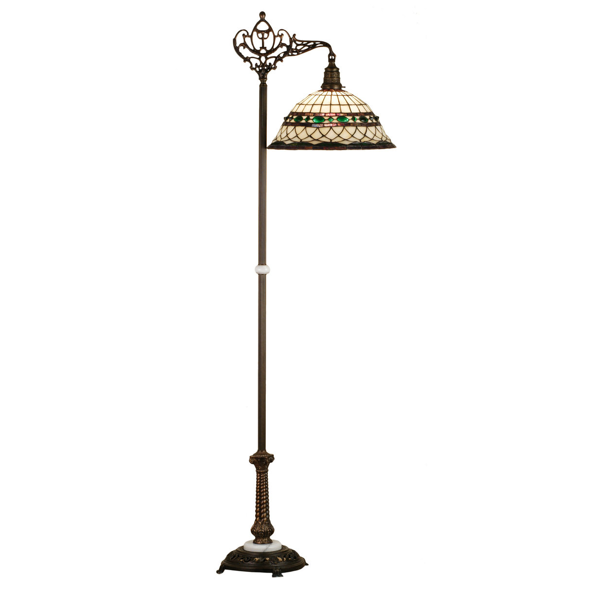 Roman-style Tiffany bridge arm floor lamp with lit jeweled art glass shade.