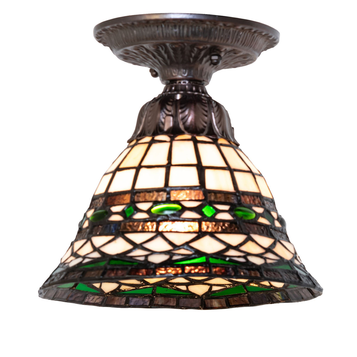 front view of tiffany roman flushmount with emerald-colored jewels.