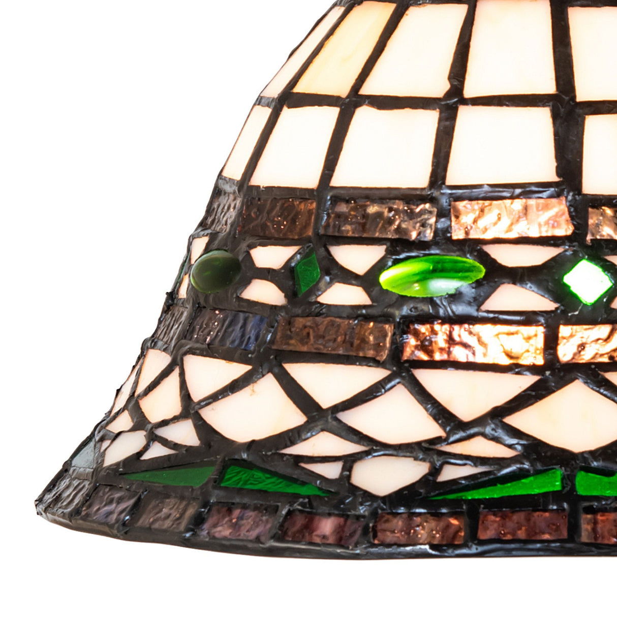 detailed glass view of emerald and multicolored accents on tiffany roman flushmount.