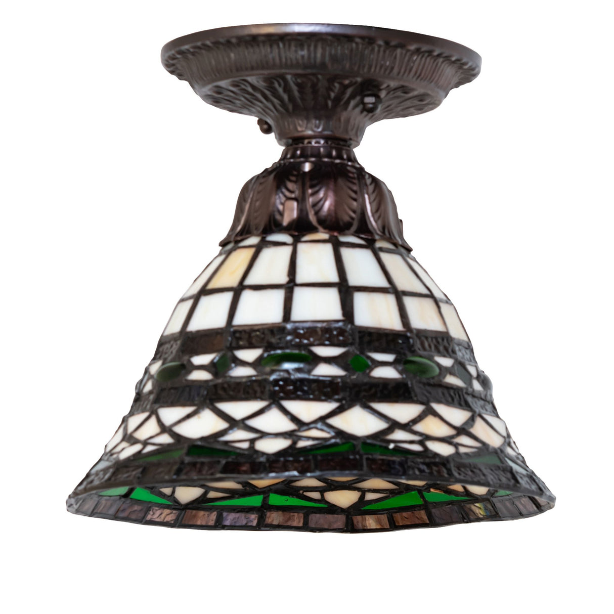 tiffany roman flushmount with lights off, showing intricate glass design.