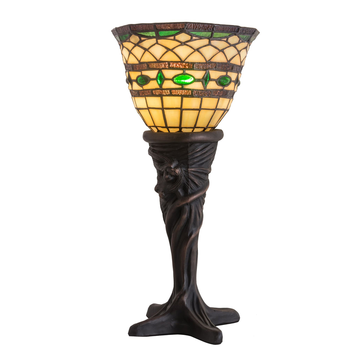 Mini Lamp featuring a stained glass shade with beige glass and emerald jewel accents.