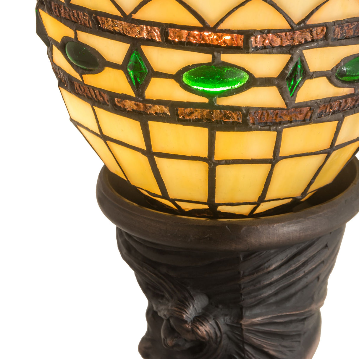 Close-up of the Tiffany Roman Mini Lamp highlighting emerald jewel accents and stained glass pattern.