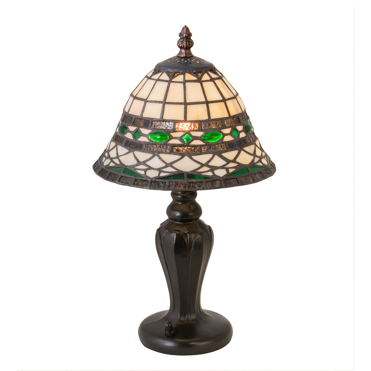 Illuminated Tiffany Roman mini lamp with stained glass shade.