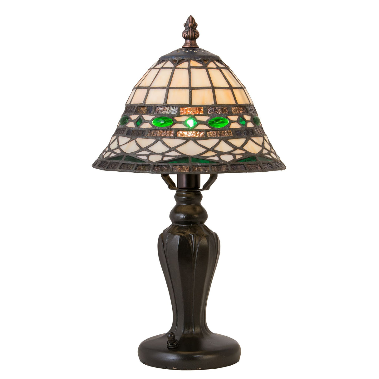 Side angle of Tiffany Roman mini lamp with elegant stained glass.