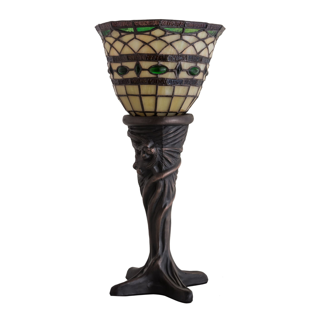 Unlit view of Mini Lamp with intricate stained glass design and decorative bronze base.