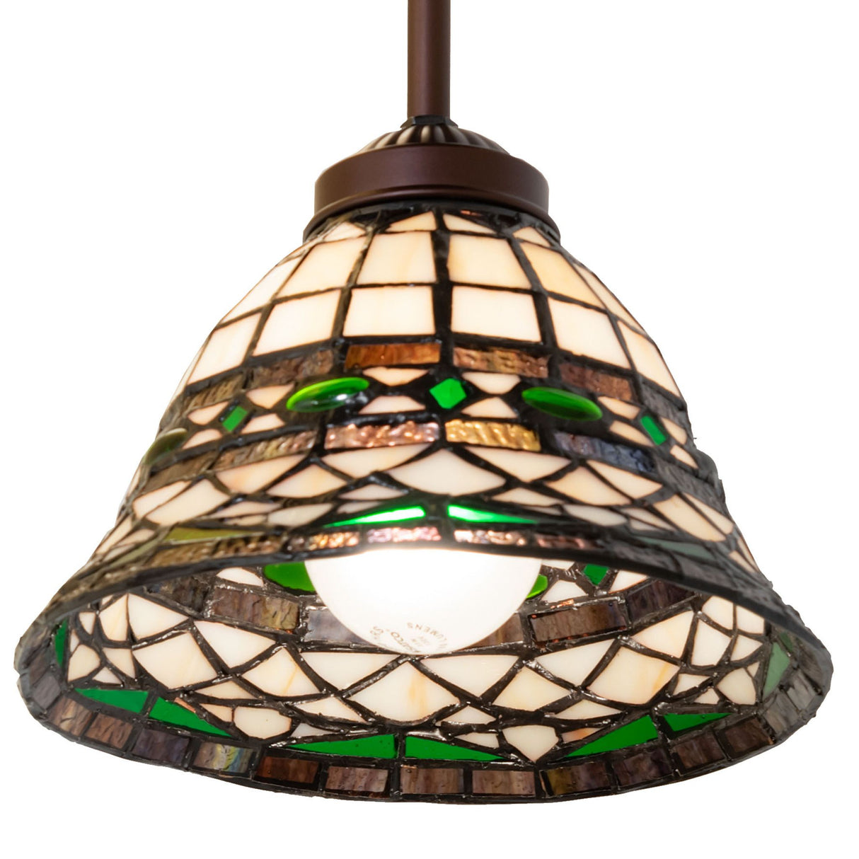 Angled view of the Tiffany Roman mini pendant highlighting intricate stained glass.