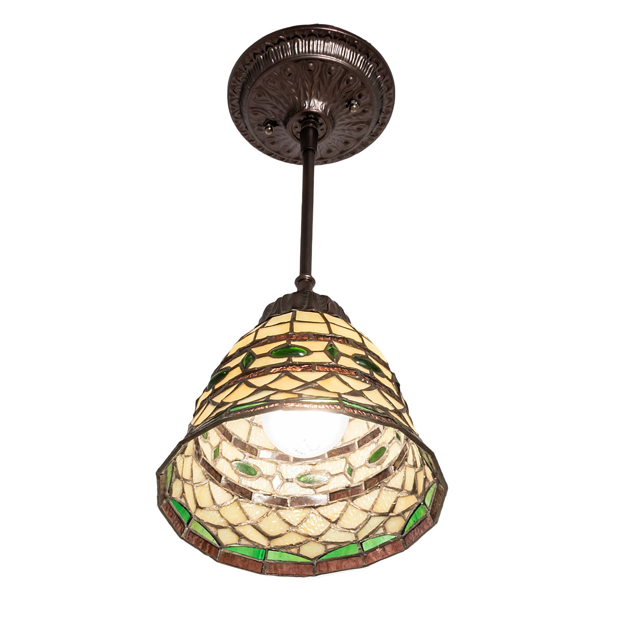 Bottom angle view of the Mini Pendant highlighting its intricate stained glass design and visible light source.