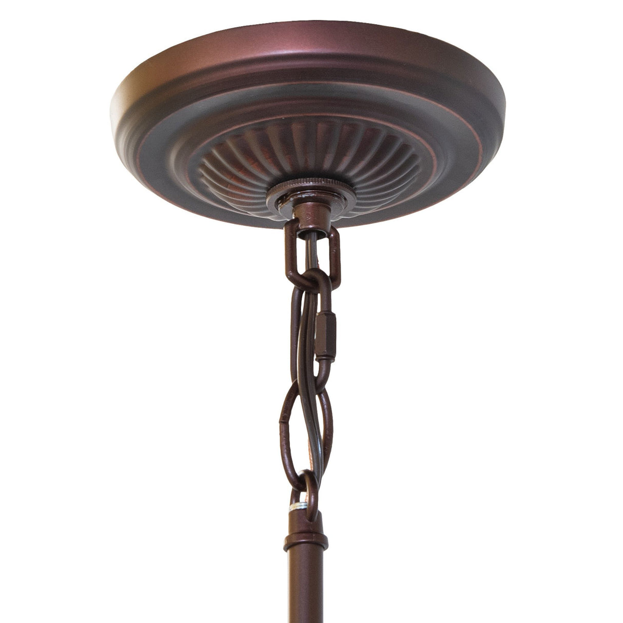 Close-up of the ceiling mount and chain of the Tiffany Roman Mini Pendant with mahogany bronze finish.