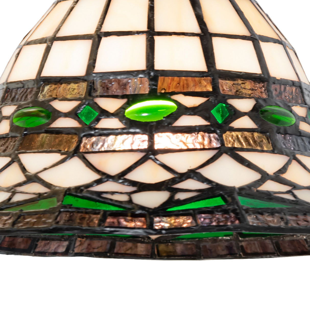 Close-up of Tiffany Roman mini pendant with vibrant stained glass details.